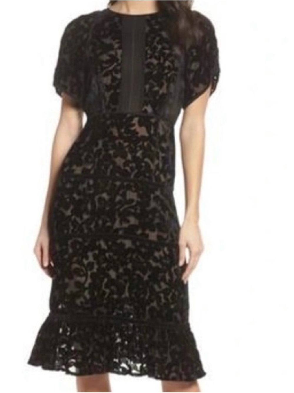 Foxiedox Ingrid Velvet Devor A line Midi in Whimsigoth Scoop Ruffle Hem Lined